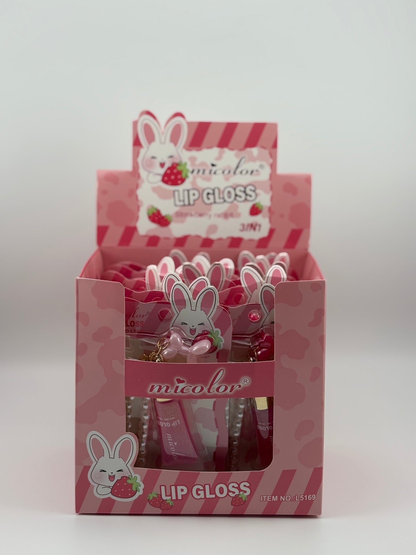 12 pcs Strawberry Rabbit Lip Gloss /Keychain